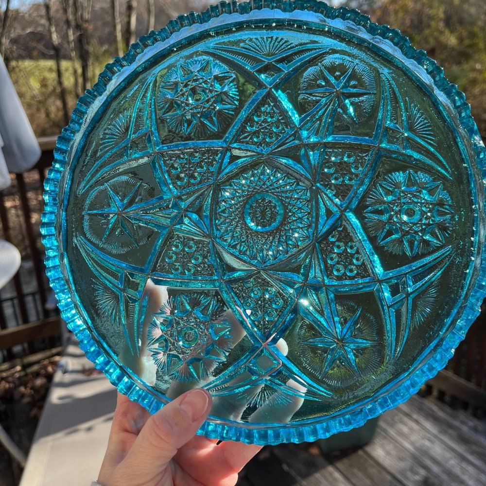 2 Pieces Bundle of Bright Blue Cut Glass- Plate and Candy Dish - Picture 7 of 11